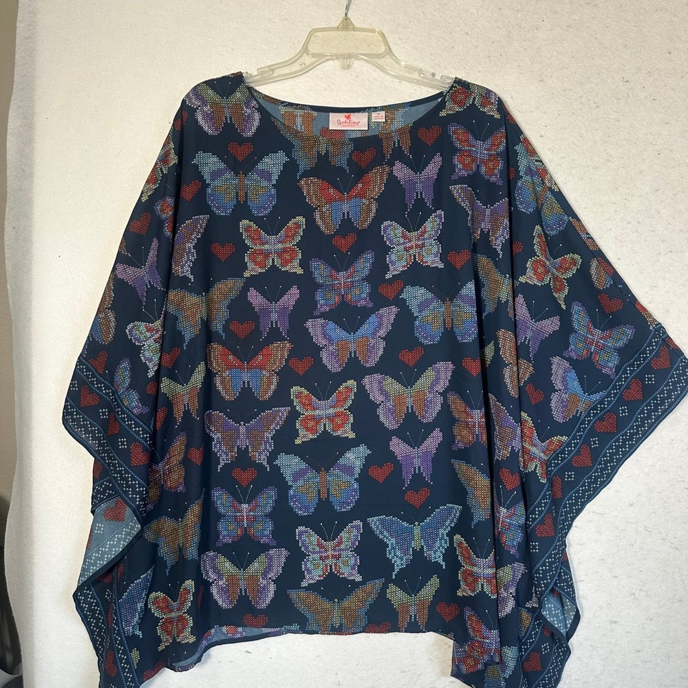 Quacker Factory Jeanne Bice Butterfly Heart Cross Stitch Print Kaftan Top 1X